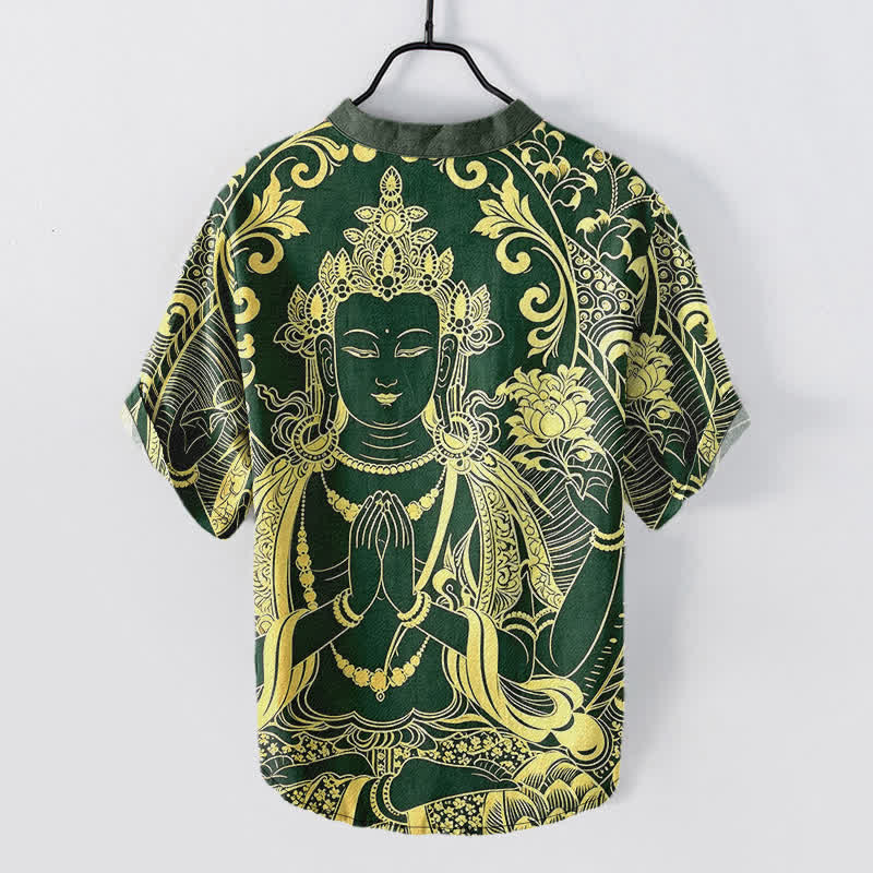 Buddha Stones 綿素材のゴールデンブッダアイコン柄メンズ半袖ハーフボタンシャツ - image 6