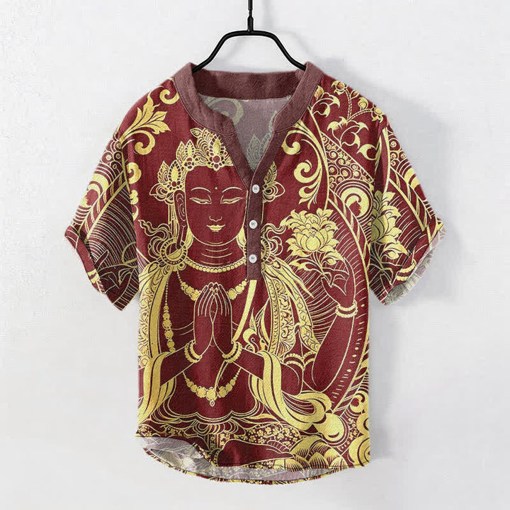 Buddha Stones 綿素材のゴールデンブッダアイコン柄メンズ半袖ハーフボタンシャツ - マルーン - US/UK/AU50、EU60（5XL） - image 7