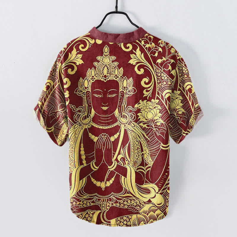 Buddha Stones 綿素材のゴールデンブッダアイコン柄メンズ半袖ハーフボタンシャツ - image 8