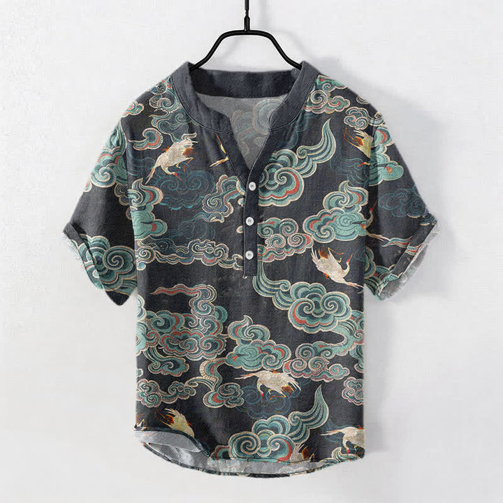 Buddha Stones コットン製鯉と蓮の模様のメンズ半袖ハーフボタンシャツ - 黒 - US/UK/AU50、EU60（5XL） - image 0