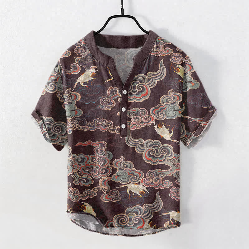 Buddha Stones コットン製鯉と蓮の模様のメンズ半袖ハーフボタンシャツ - シエナ - US/UK/AU50、EU60（5XL） - image 7
