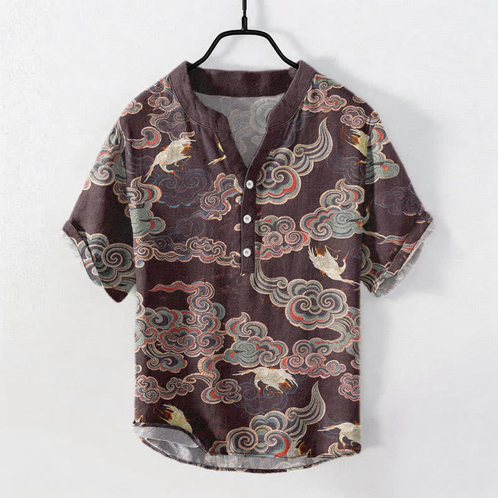 Buddha Stones コットン製鯉と蓮の模様のメンズ半袖ハーフボタンシャツ - シエナ - US/UK/AU50、EU60（5XL） - image 7