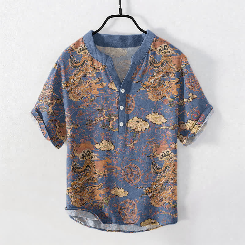 Buddha Stones 綿素材の金龍雲柄メンズ半袖ハーフボタンシャツ - スチールブルー - US/UK/AU50、EU60（5XL） - image 7