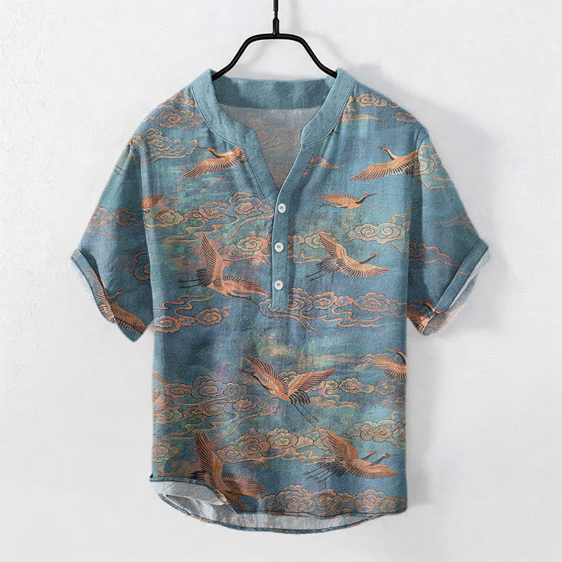 Buddha Stones 綿素材の飛鶴雲柄メンズ半袖ハーフボタンシャツ - ライトシーグリーン - US/UK/AU50、EU60（5XL） - image 0