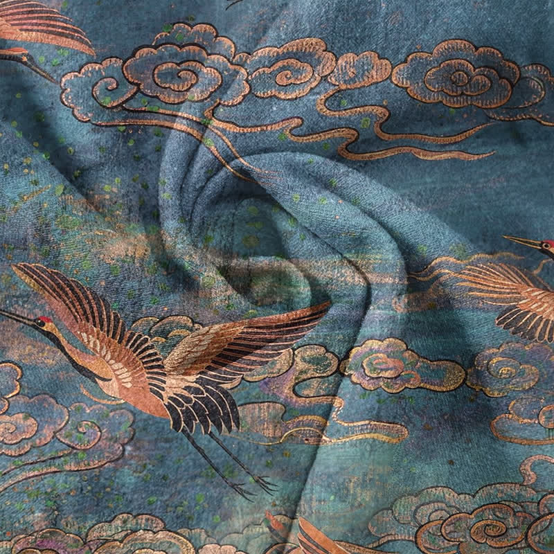 Buddha Stones 綿素材の飛鶴雲柄メンズ半袖ハーフボタンシャツ - image 4