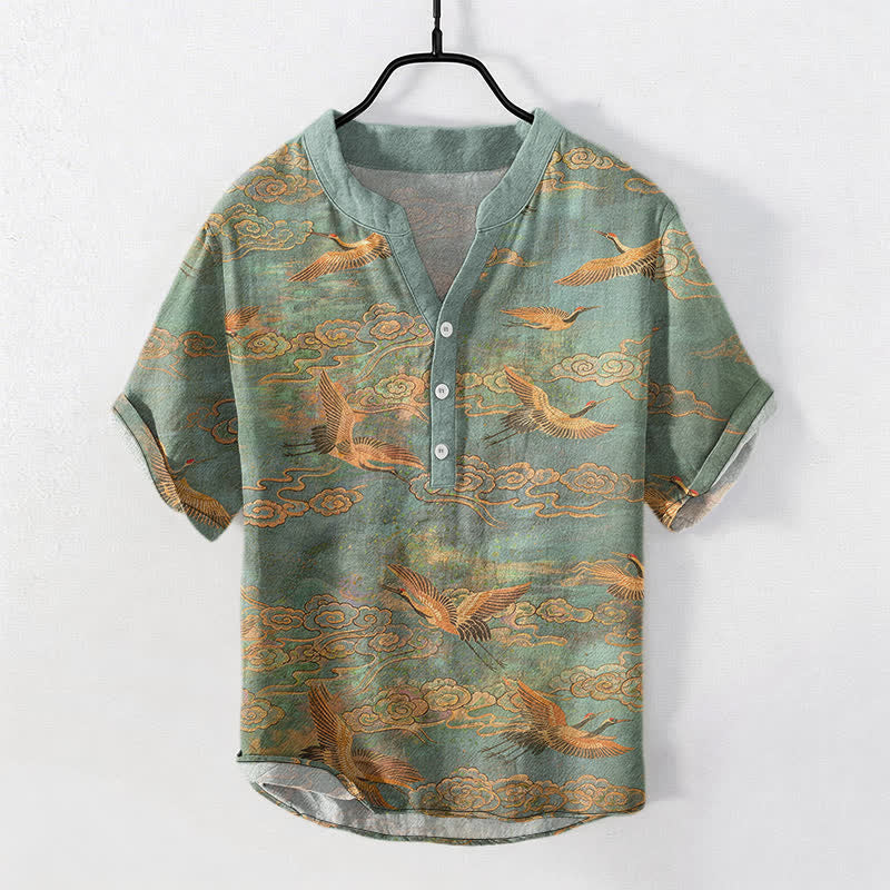 Buddha Stones 綿素材の飛鶴雲柄メンズ半袖ハーフボタンシャツ - シーグリーン - US/UK/AU50、EU60（5XL） - image 5