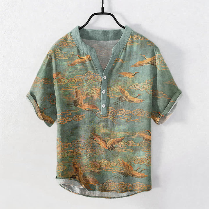 Buddha Stones 綿素材の飛鶴雲柄メンズ半袖ハーフボタンシャツ - シーグリーン - US/UK/AU50、EU60（5XL） - image 5