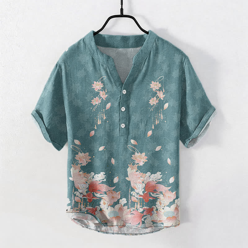 Buddha Stones コットンロータス柄メンズ半袖ハーフボタンシャツ - ティール - US/UK/AU50、EU60（5XL） - image 0