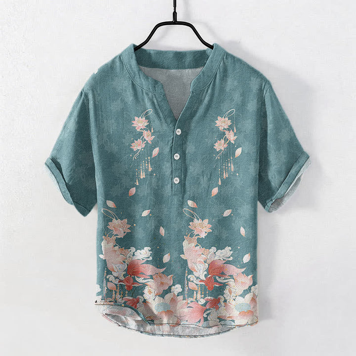 Buddha Stones コットンロータス柄メンズ半袖ハーフボタンシャツ - ティール - US/UK/AU50、EU60（5XL） - image 0
