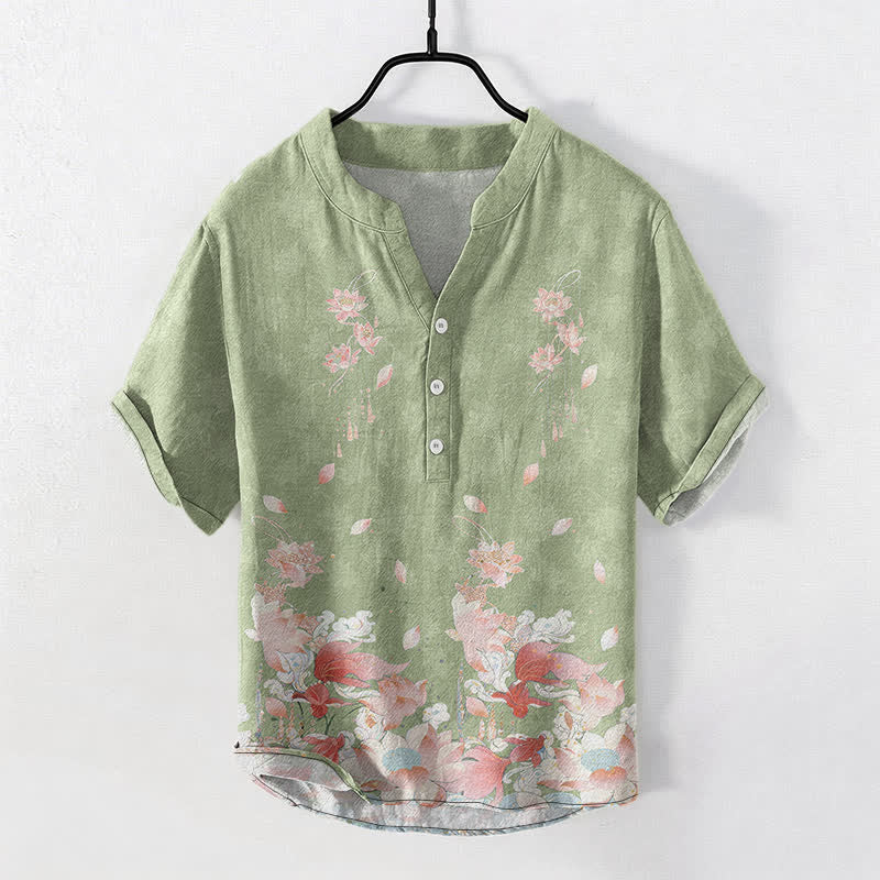 Buddha Stones コットンロータス柄メンズ半袖ハーフボタンシャツ - ライトグリーン - US/UK/AU50、EU60（5XL） - image 5