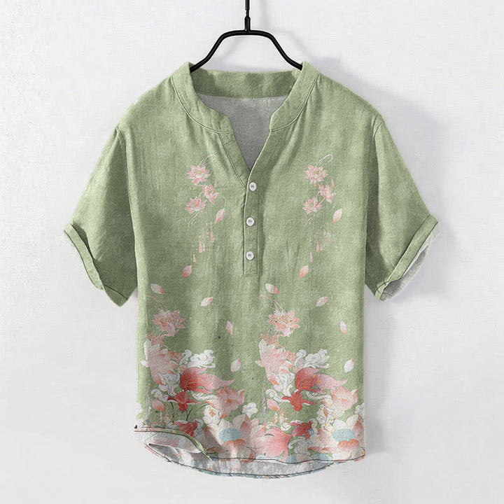 Buddha Stones コットンロータス柄メンズ半袖ハーフボタンシャツ - ライトグリーン - US/UK/AU50、EU60（5XL） - image 5