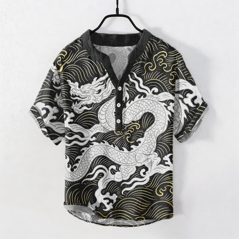 Buddha Stones 綿素材の白龍波模様メンズ半袖ハーフボタンシャツ - 黒 - US/UK/AU50、EU60（5XL） - image 0