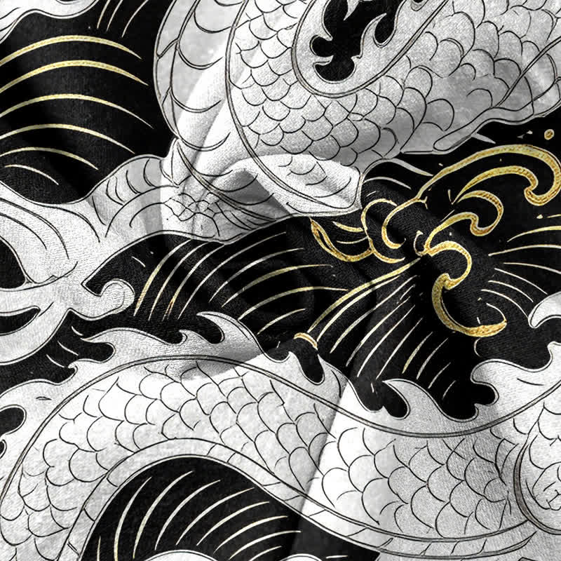 Buddha Stones 綿素材の白龍波模様メンズ半袖ハーフボタンシャツ - image 4