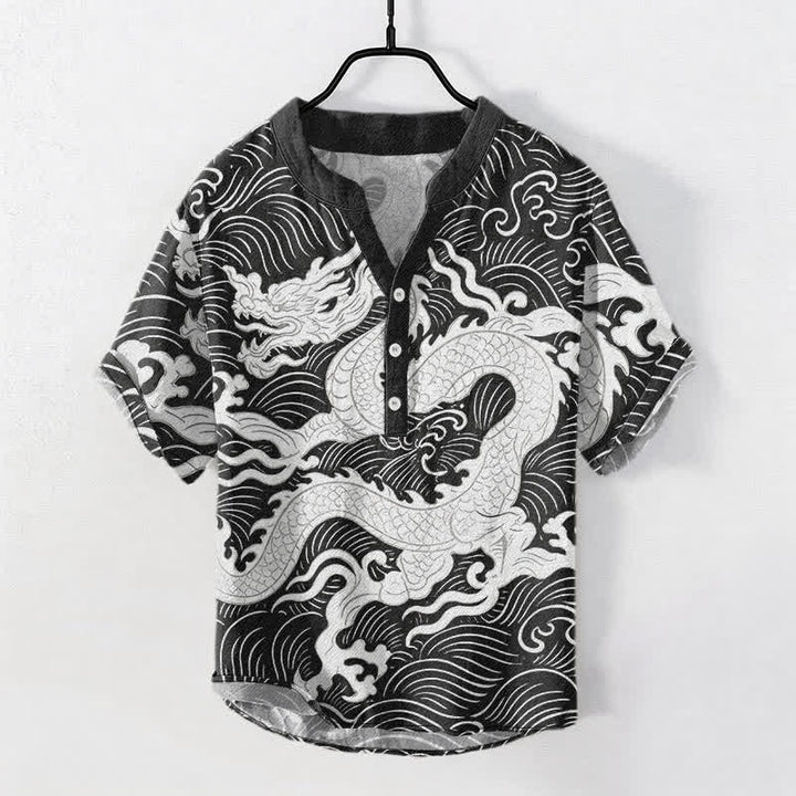 Buddha Stones 綿素材の白龍波模様メンズ半袖ハーフボタンシャツ - 銀 - US/UK/AU50、EU60（5XL） - image 5
