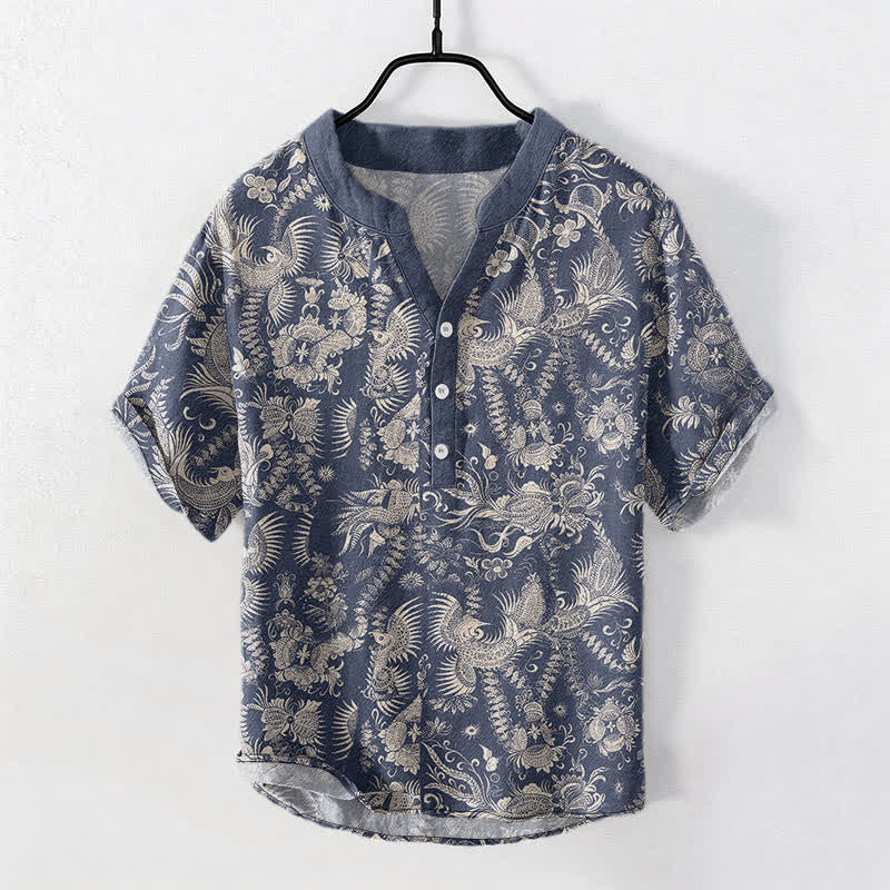 Buddha Stones コットン素材のボタニカルフローラル柄メンズ半袖ハーフボタンシャツ - スチールブルー - US/UK/AU50、EU60（5XL） - image 0