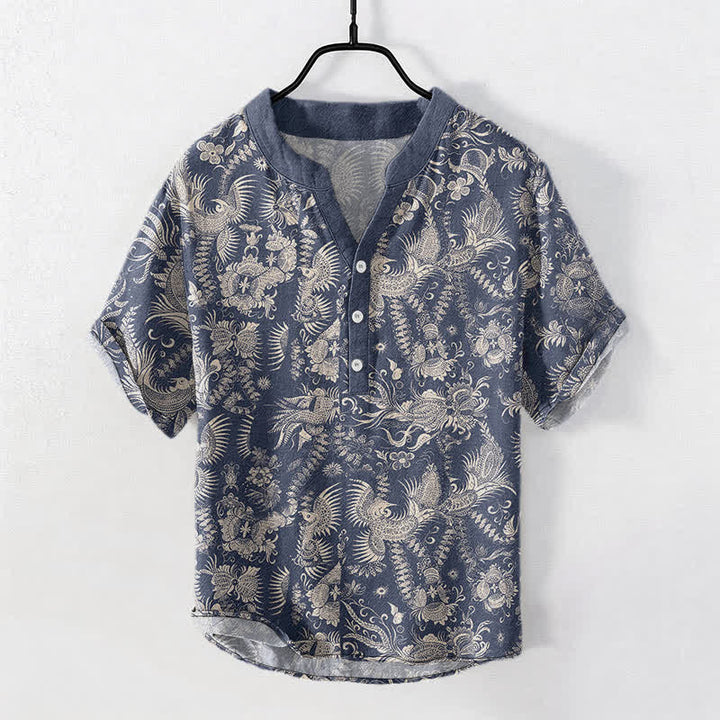Buddha Stones コットン素材のボタニカルフローラル柄メンズ半袖ハーフボタンシャツ - スチールブルー - US/UK/AU50、EU60（5XL） - image 0