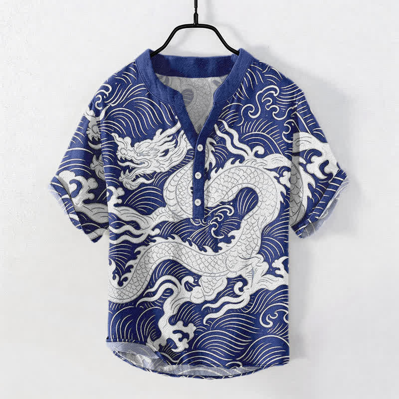 Buddha Stones 綿素材の白龍波模様メンズ半袖ハーフボタンシャツ - ロイヤルブルー - US/UK/AU50、EU60（5XL） - image 7
