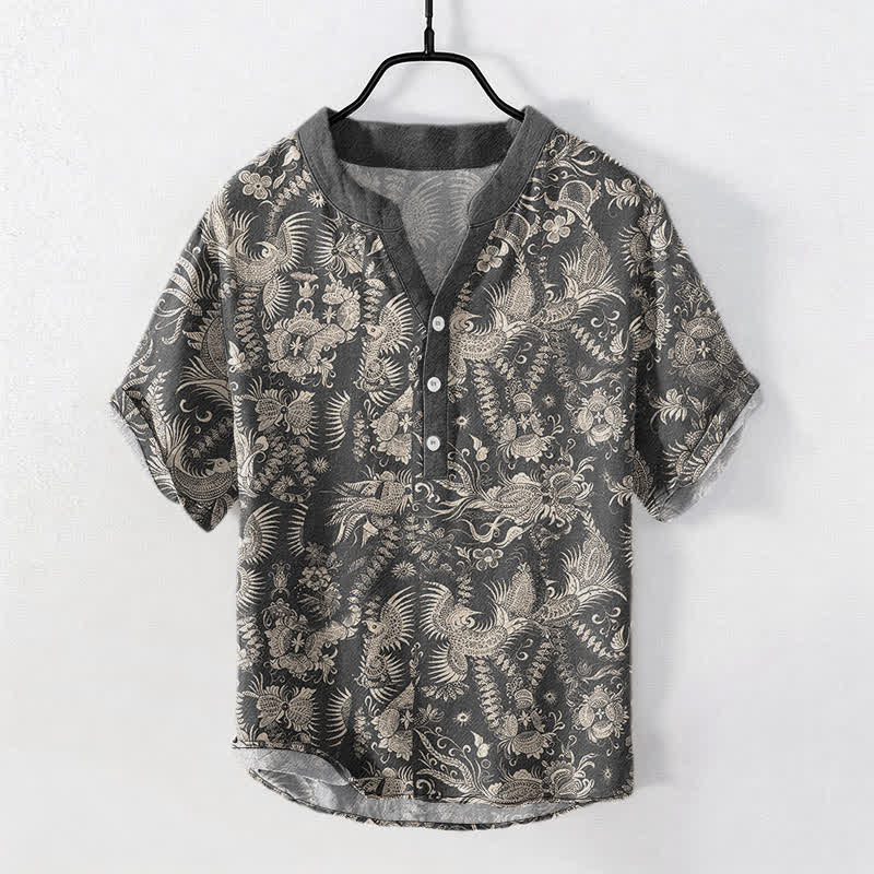 Buddha Stones コットン素材のボタニカルフローラル柄メンズ半袖ハーフボタンシャツ - スレートグレー - US/UK/AU50、EU60（5XL） - image 5
