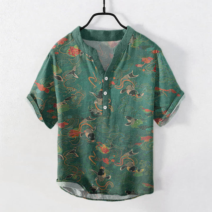 Buddha Stones コットン製鯉と蓮の模様のメンズ半袖ハーフボタンシャツ - シーグリーン - US/UK/AU50、EU60（5XL） - image 0