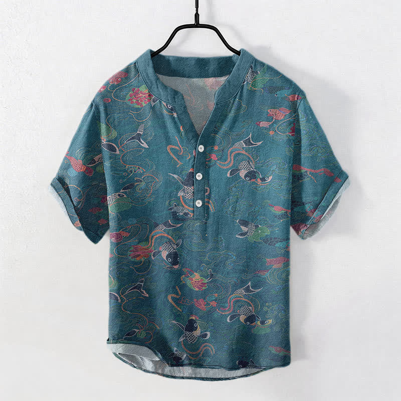 Buddha Stones コットン製鯉と蓮の模様のメンズ半袖ハーフボタンシャツ - ティール - US/UK/AU50、EU60（5XL） - image 7