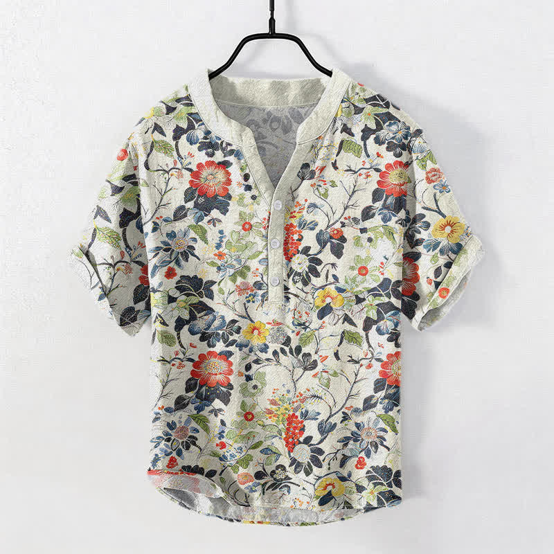 Buddha Stones コットン製ヴィンテージガーデンフローラル柄メンズ半袖ハーフボタンシャツ - 象牙 - US/UK/AU50、EU60（5XL） - image 0