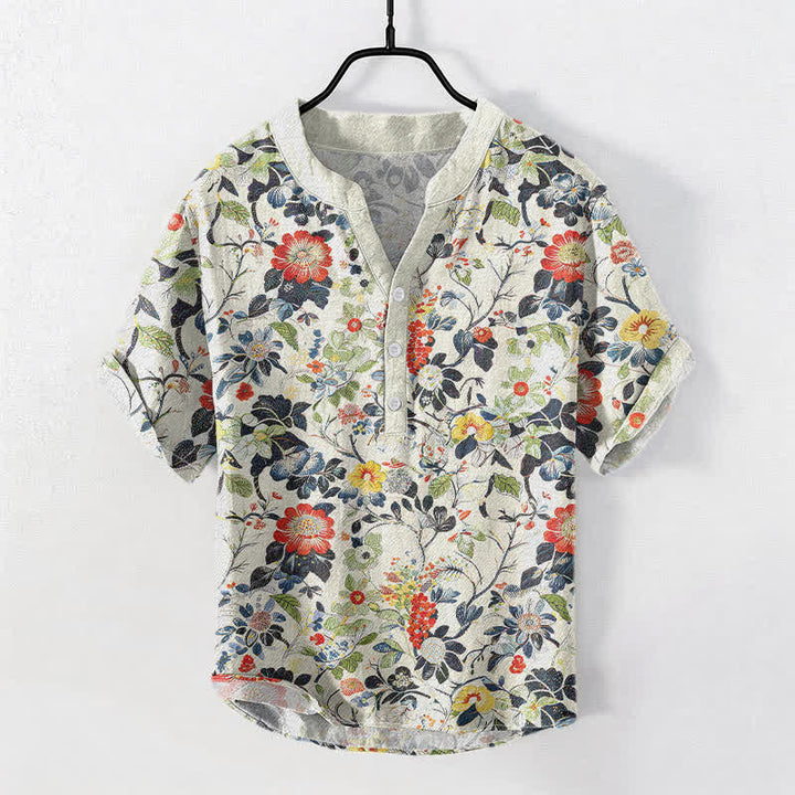 Buddha Stones コットン製ヴィンテージガーデンフローラル柄メンズ半袖ハーフボタンシャツ - 象牙 - US/UK/AU50、EU60（5XL） - image 0