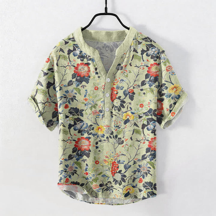 Buddha Stones コットン製ヴィンテージガーデンフローラル柄メンズ半袖ハーフボタンシャツ - 甘露 - US/UK/AU50、EU60（5XL） - image 5