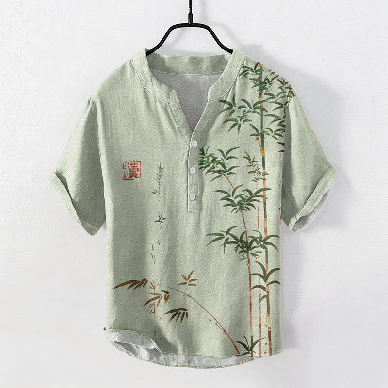 Buddha Stones 綿竹墨模様メンズ半袖ハーフボタンシャツ - 淡い緑色 - US/UK/AU50、EU60（5XL） - image 0