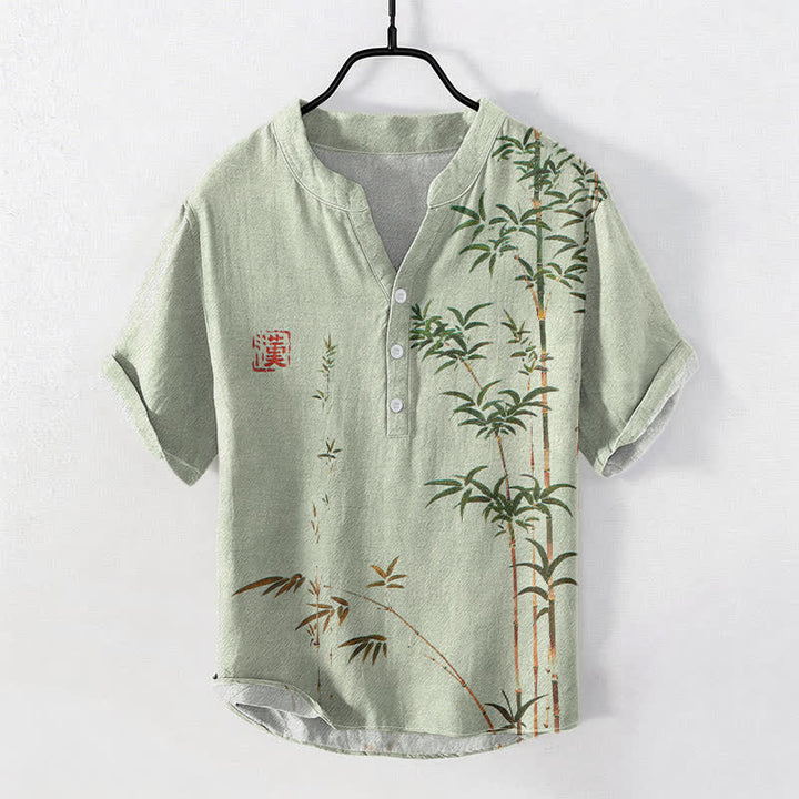 Buddha Stones 綿竹墨模様メンズ半袖ハーフボタンシャツ - 淡い緑色 - US/UK/AU50、EU60（5XL） - image 0