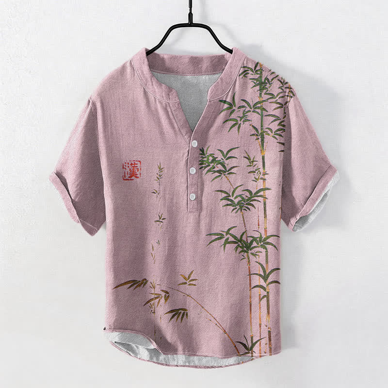 Buddha Stones 綿竹墨模様メンズ半袖ハーフボタンシャツ - ライトピンク - US/UK/AU50、EU60（5XL） - image 3