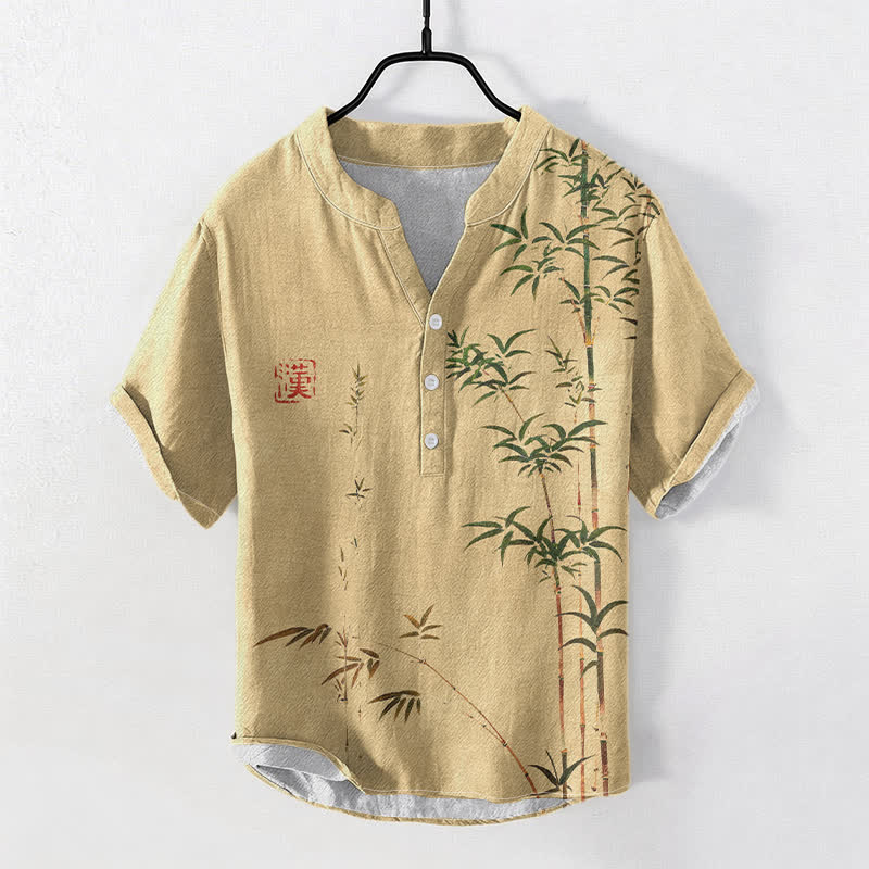 Buddha Stones 綿竹墨模様メンズ半袖ハーフボタンシャツ - バーリーウッド - US/UK/AU50、EU60（5XL） - image 5