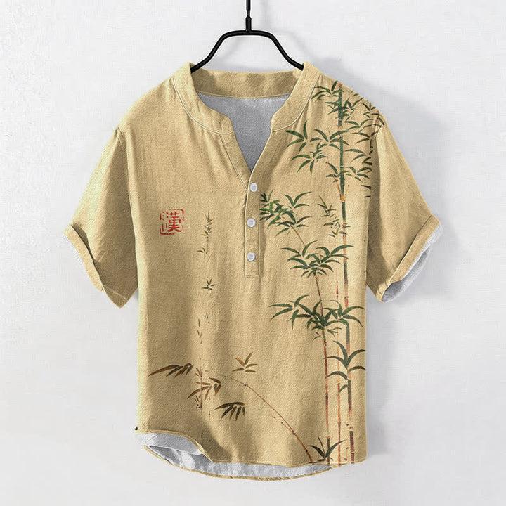 Buddha Stones 綿竹墨模様メンズ半袖ハーフボタンシャツ - バーリーウッド - US/UK/AU50、EU60（5XL） - image 5