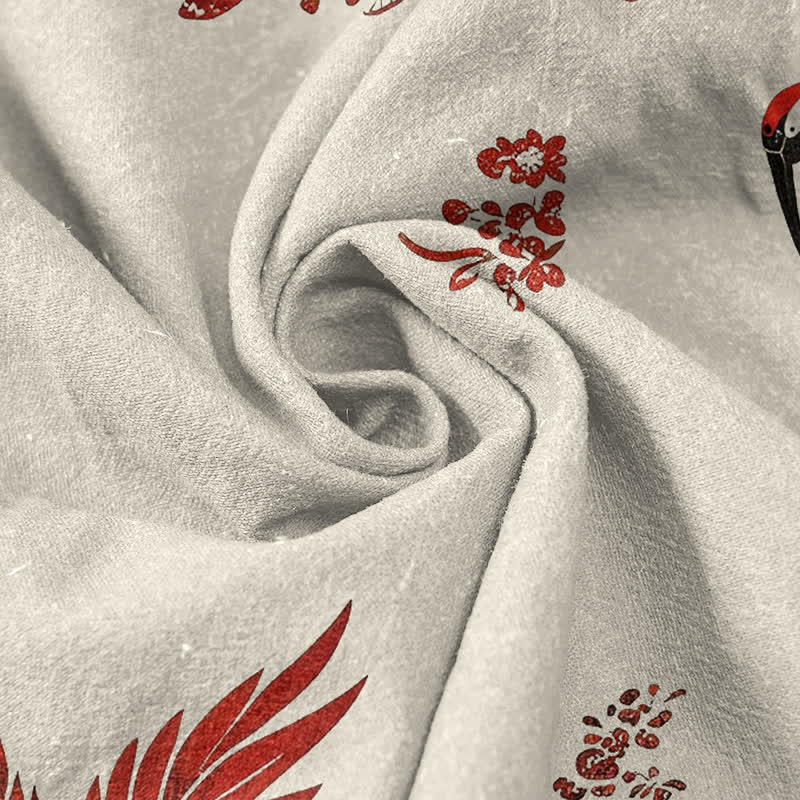 Buddha Stones コットン製、赤鶴柄、花柄、メンズ半袖ハーフボタンシャツ - image 2