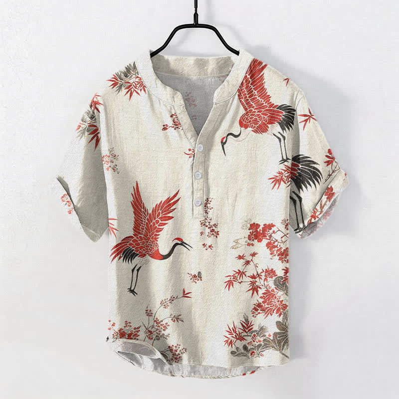 Buddha Stones コットン製、赤鶴柄、花柄、メンズ半袖ハーフボタンシャツ - リネン - US/UK/AU50、EU60（5XL） - image 0