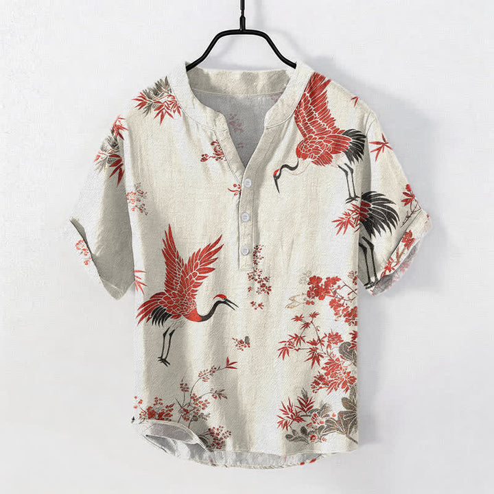 Buddha Stones コットン製、赤鶴柄、花柄、メンズ半袖ハーフボタンシャツ - リネン - US/UK/AU50、EU60（5XL） - image 0