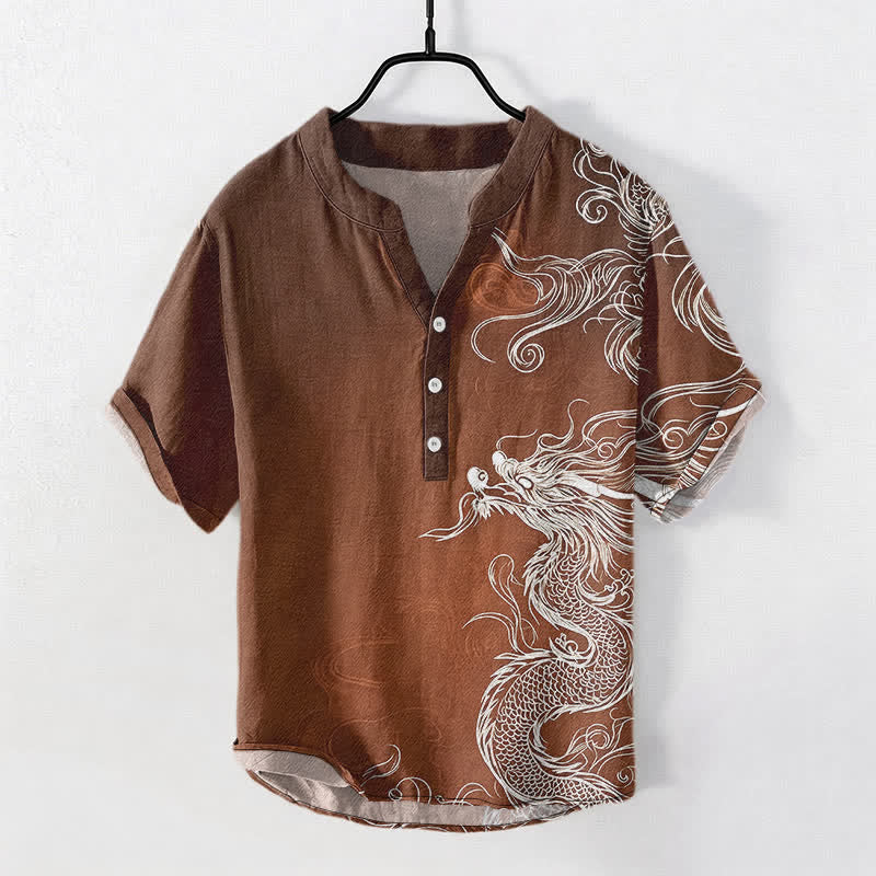 Buddha Stones 綿素材、大きな白龍柄、メンズ半袖ハーフボタンシャツ - サドルブラウン - US/UK/AU50、EU60（5XL） - image 5