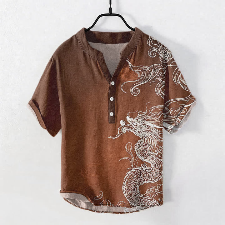 Buddha Stones 綿素材、大きな白龍柄、メンズ半袖ハーフボタンシャツ - サドルブラウン - US/UK/AU50、EU60（5XL） - image 5