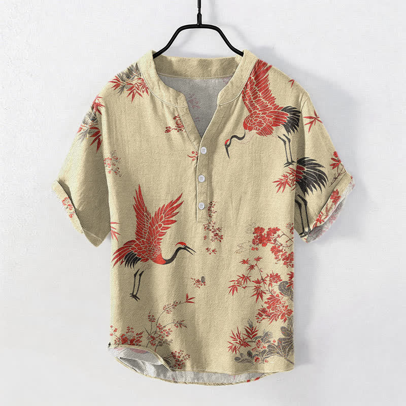 Buddha Stones コットン製、赤鶴柄、花柄、メンズ半袖ハーフボタンシャツ - 小麦 - US/UK/AU50、EU60（5XL） - image 5