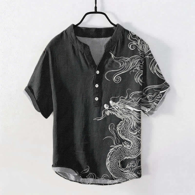 Buddha Stones 綿素材、大きな白龍柄、メンズ半袖ハーフボタンシャツ - 黒 - US/UK/AU50、EU60（5XL） - image 7