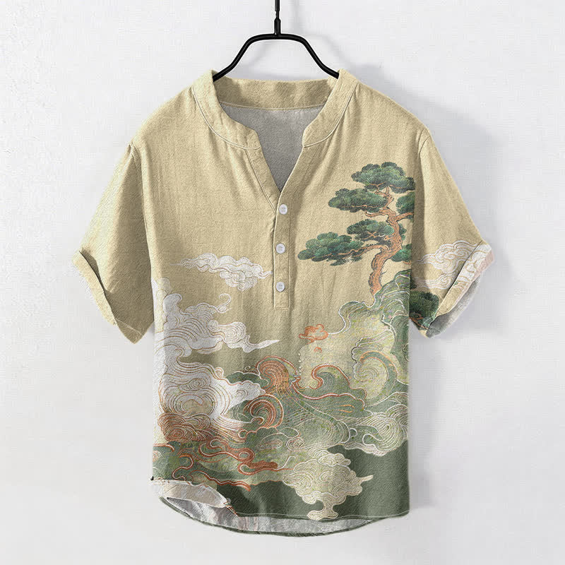 Buddha Stones コットンインク パインウェーブ柄 メンズ 半袖ハーフボタンシャツ - カーキ - US/UK/AU50、EU60（5XL） - image 0