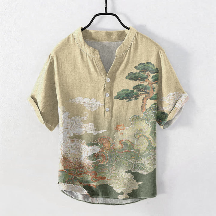 Buddha Stones コットンインク パインウェーブ柄 メンズ 半袖ハーフボタンシャツ - カーキ - US/UK/AU50、EU60（5XL） - image 0