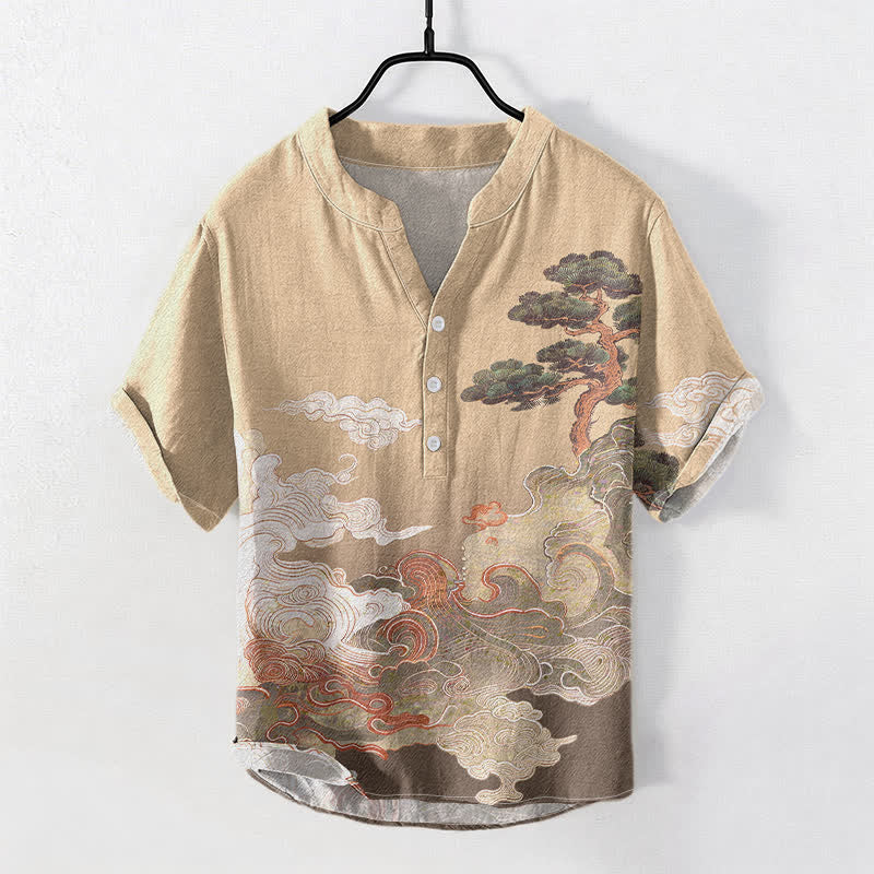 Buddha Stones コットンインク パインウェーブ柄 メンズ 半袖ハーフボタンシャツ - バーリーウッド - US/UK/AU50、EU60（5XL） - image 3