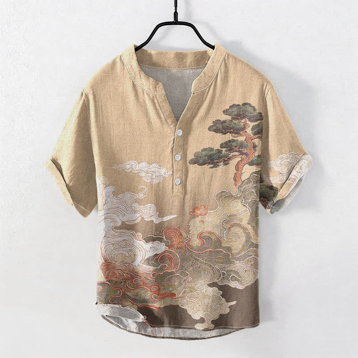 Buddha Stones コットンインク パインウェーブ柄 メンズ 半袖ハーフボタンシャツ - バーリーウッド - US/UK/AU50、EU60（5XL） - image 3