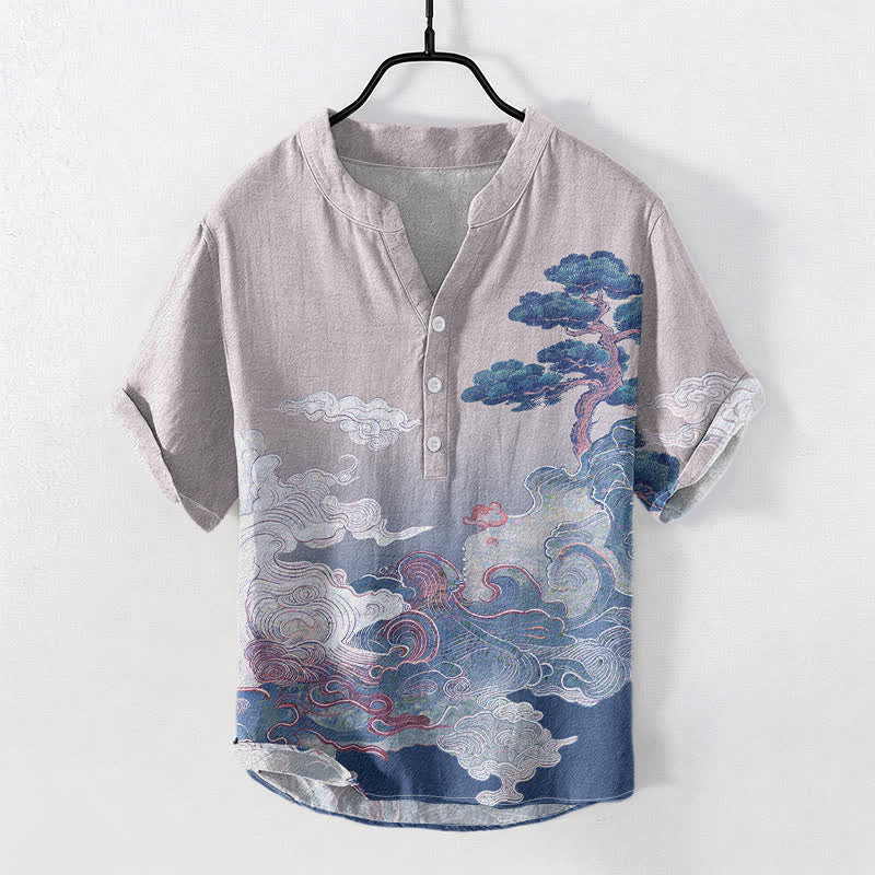 Buddha Stones コットンインク パインウェーブ柄 メンズ 半袖ハーフボタンシャツ - ラベンダー - US/UK/AU50、EU60（5XL） - image 5