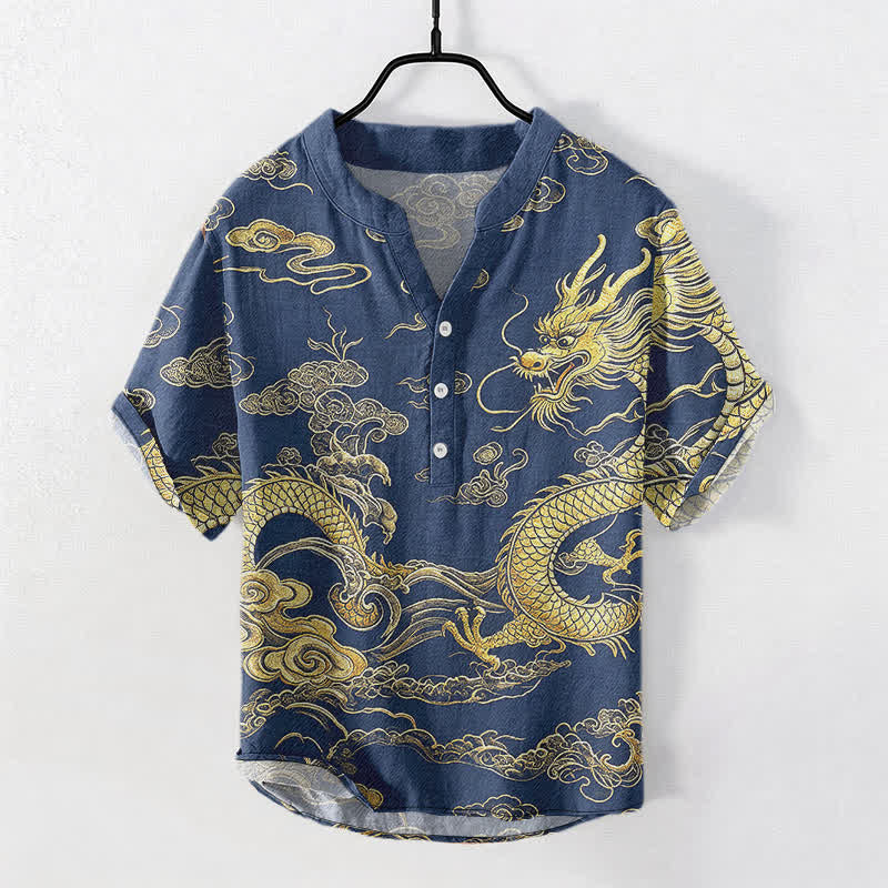 Buddha Stones 綿素材の金龍雲柄メンズ半袖ハーフボタンシャツ - ロイヤルブルー - US/UK/AU50、EU60（5XL） - image 5