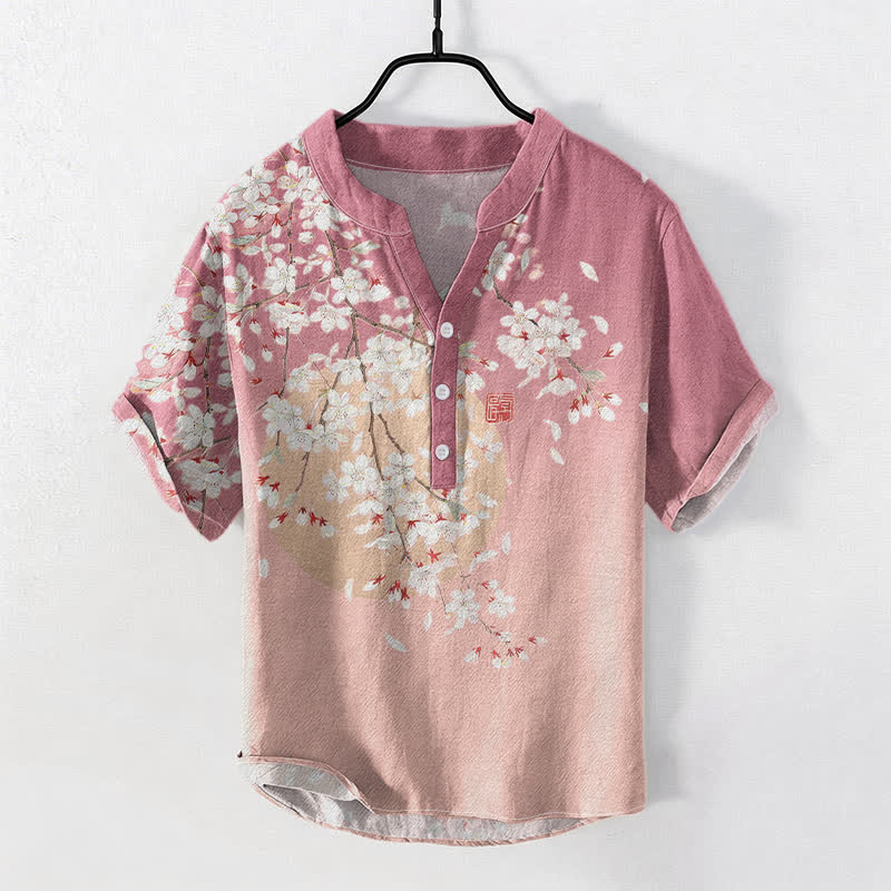 Buddha Stones 純綿素材、桜の水彩画柄、メンズ半袖ハーフボタンシャツ - ライトピンク - US/UK/AU50、EU60（5XL） - image 0