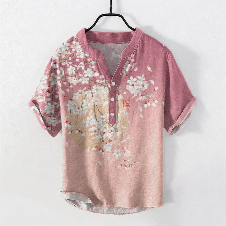 Buddha Stones 純綿素材、桜の水彩画柄、メンズ半袖ハーフボタンシャツ - ライトピンク - US/UK/AU50、EU60（5XL） - image 0