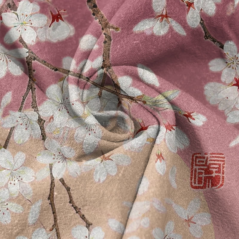 Buddha Stones 純綿素材、桜の水彩画柄、メンズ半袖ハーフボタンシャツ - image 2