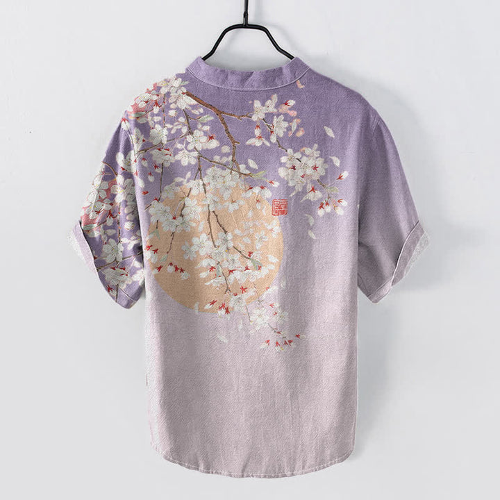 Buddha Stones 純綿素材、桜の水彩画柄、メンズ半袖ハーフボタンシャツ - image 4