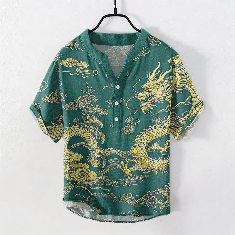 Buddha Stones 綿素材の金龍雲柄メンズ半袖ハーフボタンシャツ - シーグリーン - US/UK/AU50、EU60（5XL） - image 7